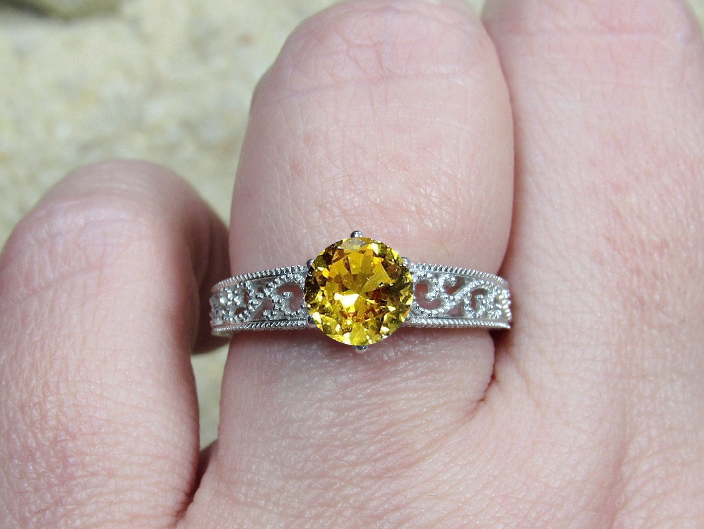 1ct Vintage Yellow Sapphire Engagement Ring Antique Style Filigree Round Polymnia Petite Custom White-Yellow-Rose Gold-10k-14k-18k-Plat 6mm BellaMoreDesign.com