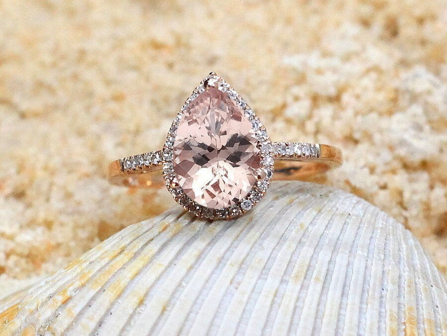 2.5ct Goccia 10x7mm Peach Sapphire & Diamond Pear Halo Drop Cut Engagement Ring. BellaMoreDesign.com
