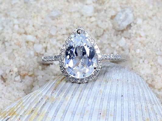 2.5ct Goccia 10x7mm White Sapphire & Diamond Pear Halo Drop Cut Engagement Ring. BellaMoreDesign.com