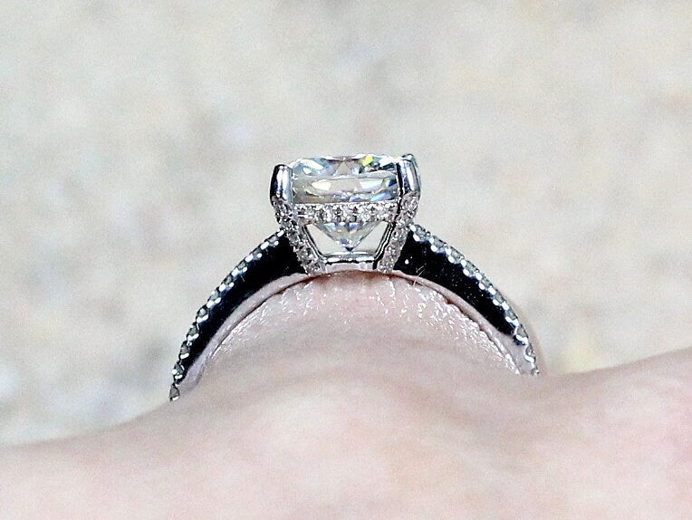 2.5ct Theia 8mm White Sapphire & Diamonds Accent Engagement Ring Cushion Basket Prongs BellaMoreDesign.com