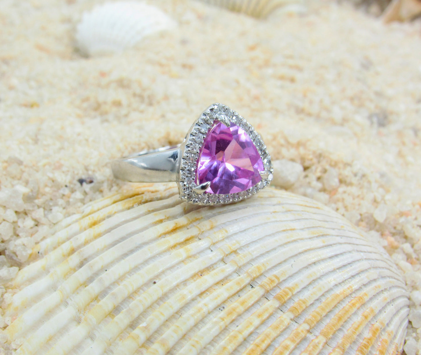 Pink Sapphire & Diamonds Trillion Halo Engagement Ring 3ct 9mm Round Custom Ready To Ship