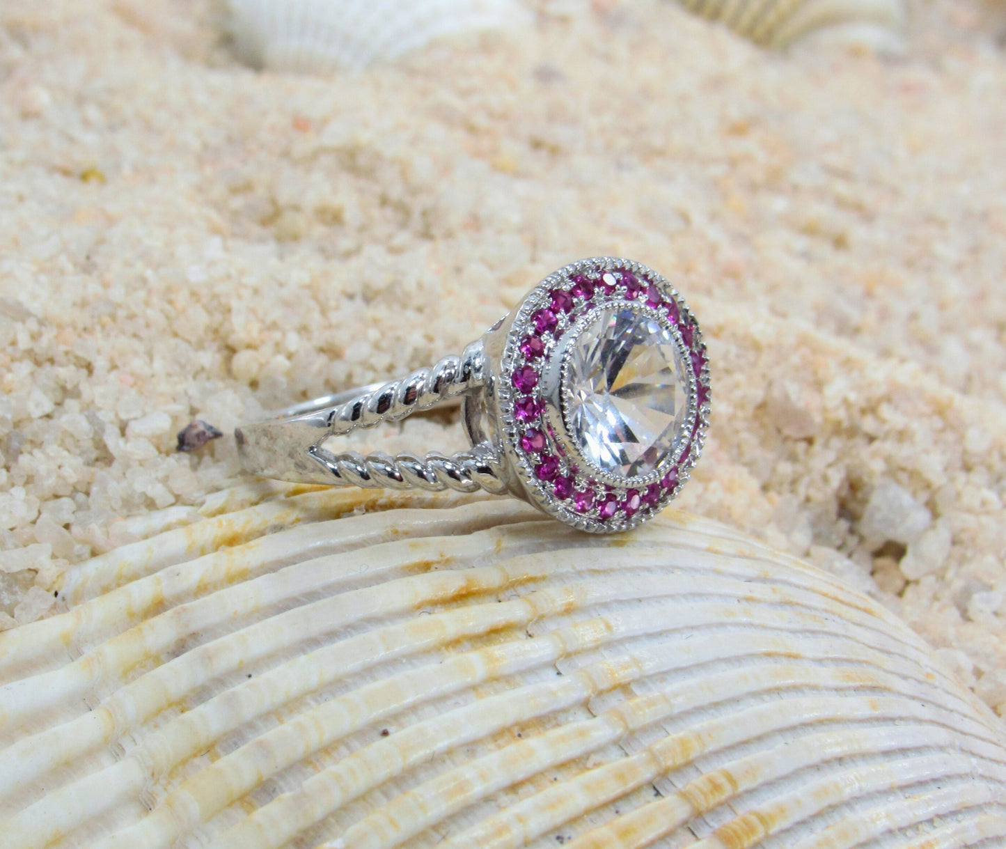 Round White Sapphire Ruby Halo twisted split shank Engagement Ring Unique Vintage Style Round Halo Custom Ready To Ship