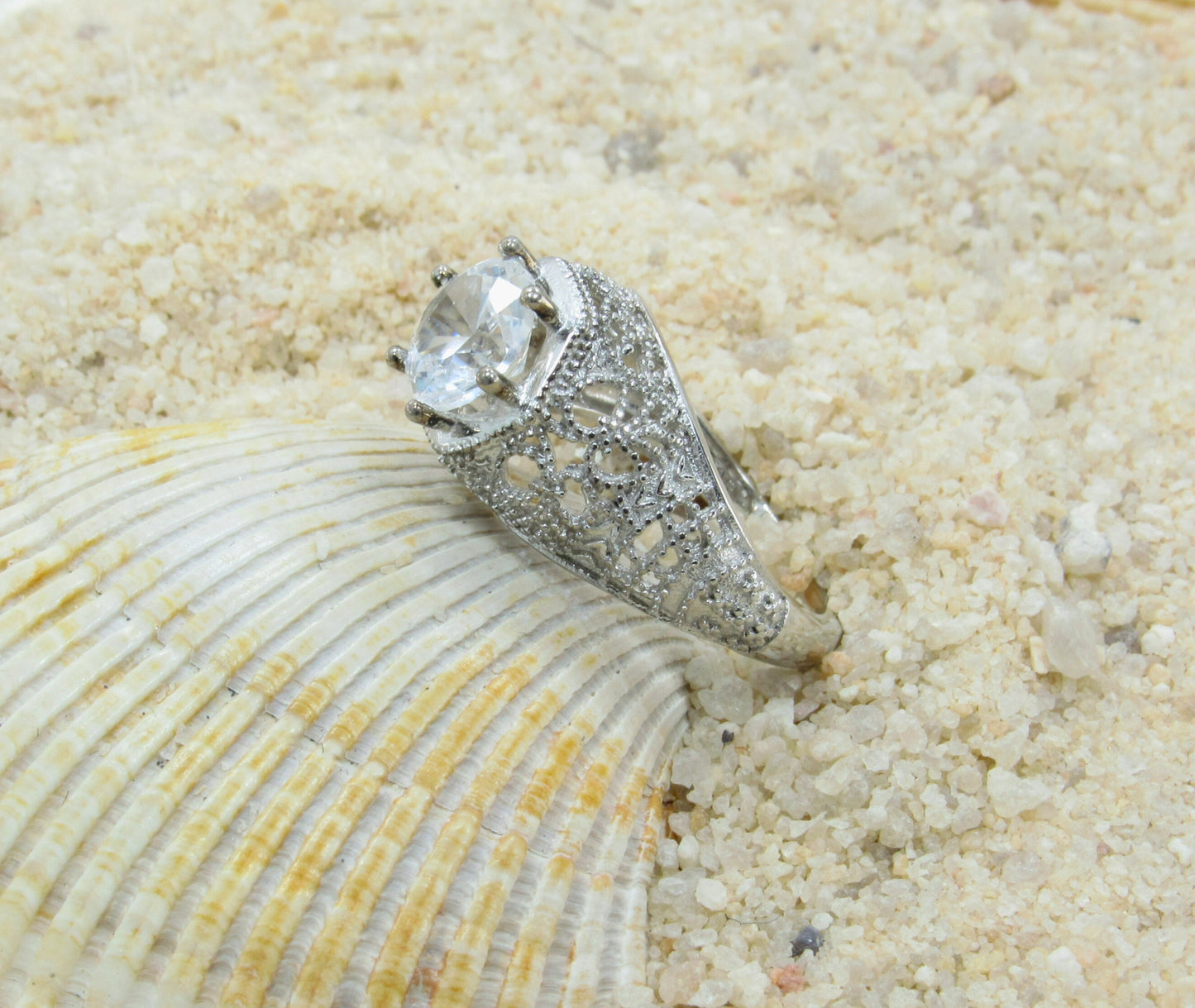 White Sapphire Engagement Ring, Antique Vintage Style Ring, Filigree detail Ring, 2cts 8mm, Ready to Ship