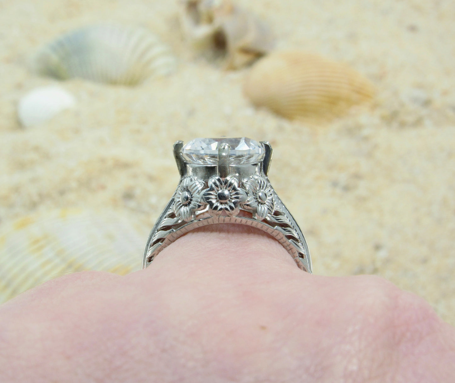 White Sapphire Engagement Ring, Antique Vintage Style Ring, Filigree Floral Flower detail Ring, 5cts 10mm, Ready to Ship