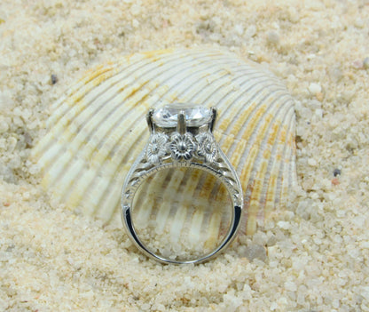 White Sapphire Engagement Ring, Antique Vintage Style Ring, Filigree Floral Flower detail Ring, 5cts 10mm, Ready to Ship