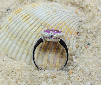 Pink Sapphire & Diamonds Trillion Halo Engagement Ring 3ct 9mm Round Custom Ready To Ship