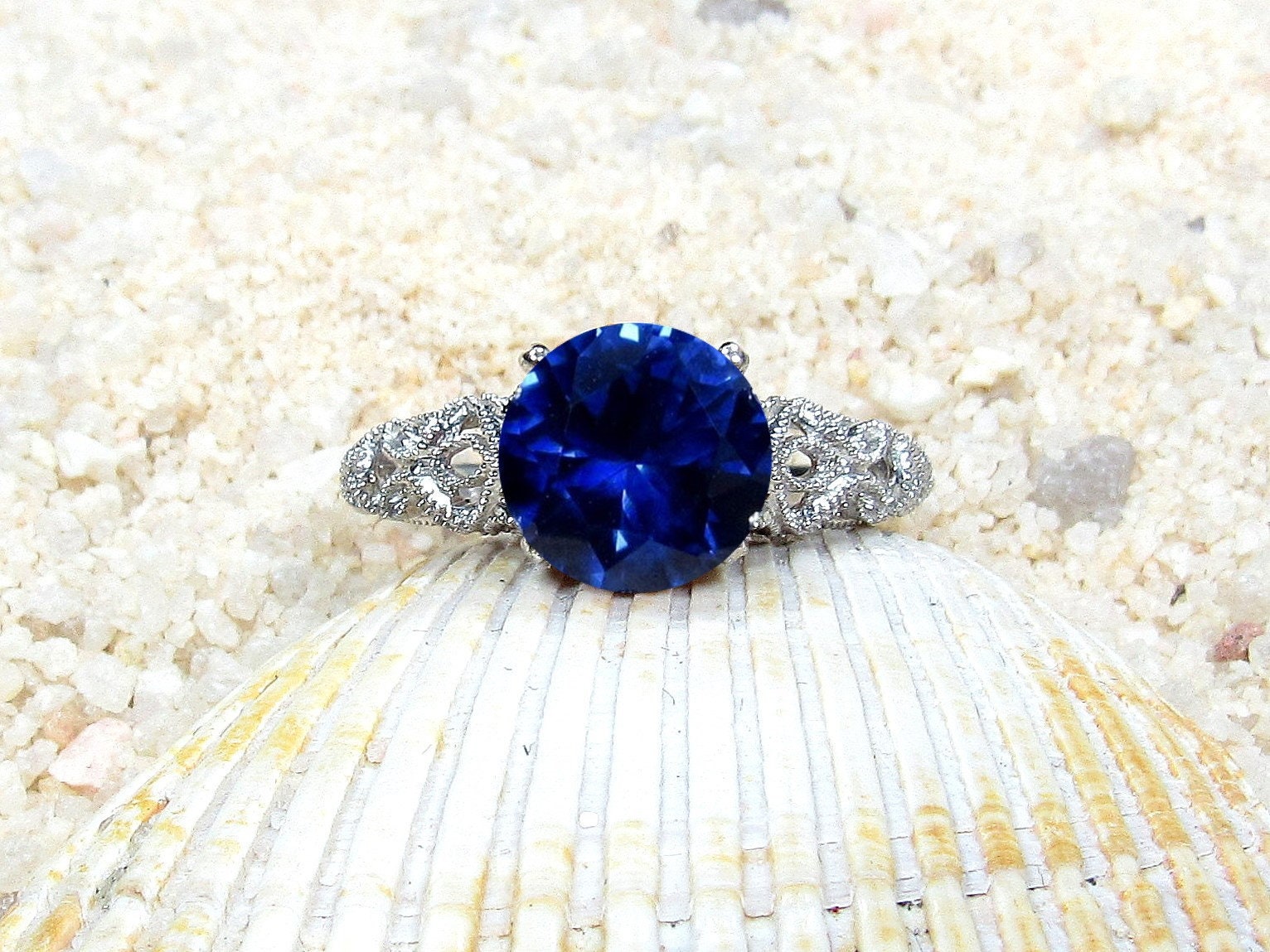 2ct Andromeda 8mm Blue Sapphire Engagement Ring, Antique, Vintage, Filigree BellaMoreDesign.com