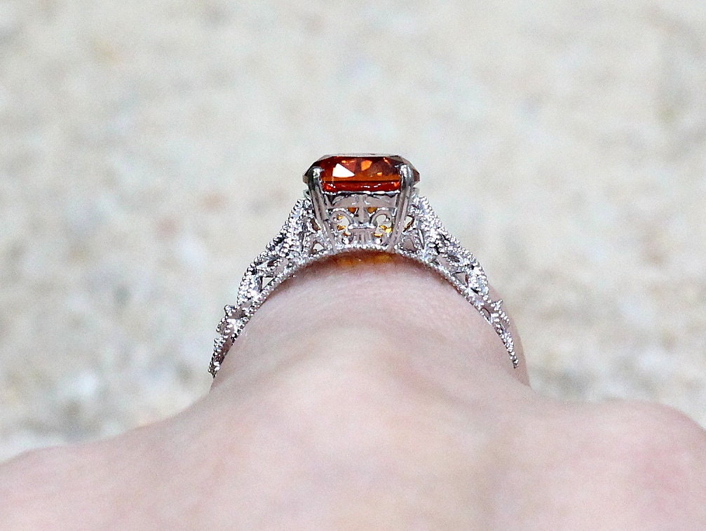 2ct Andromeda 8mm Orange Padparadscha Sapphire Engagement Ring, Vintage, Antique, Filigree BellaMoreDesign.com