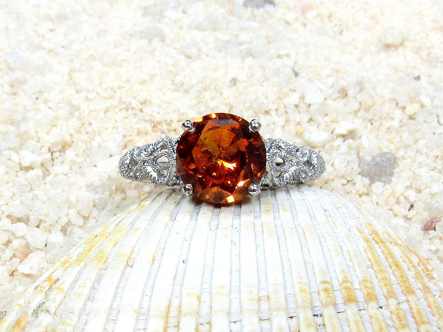 2ct Andromeda 8mm Orange Padparadscha Sapphire Engagement Ring, Vintage, Antique, Filigree BellaMoreDesign.com