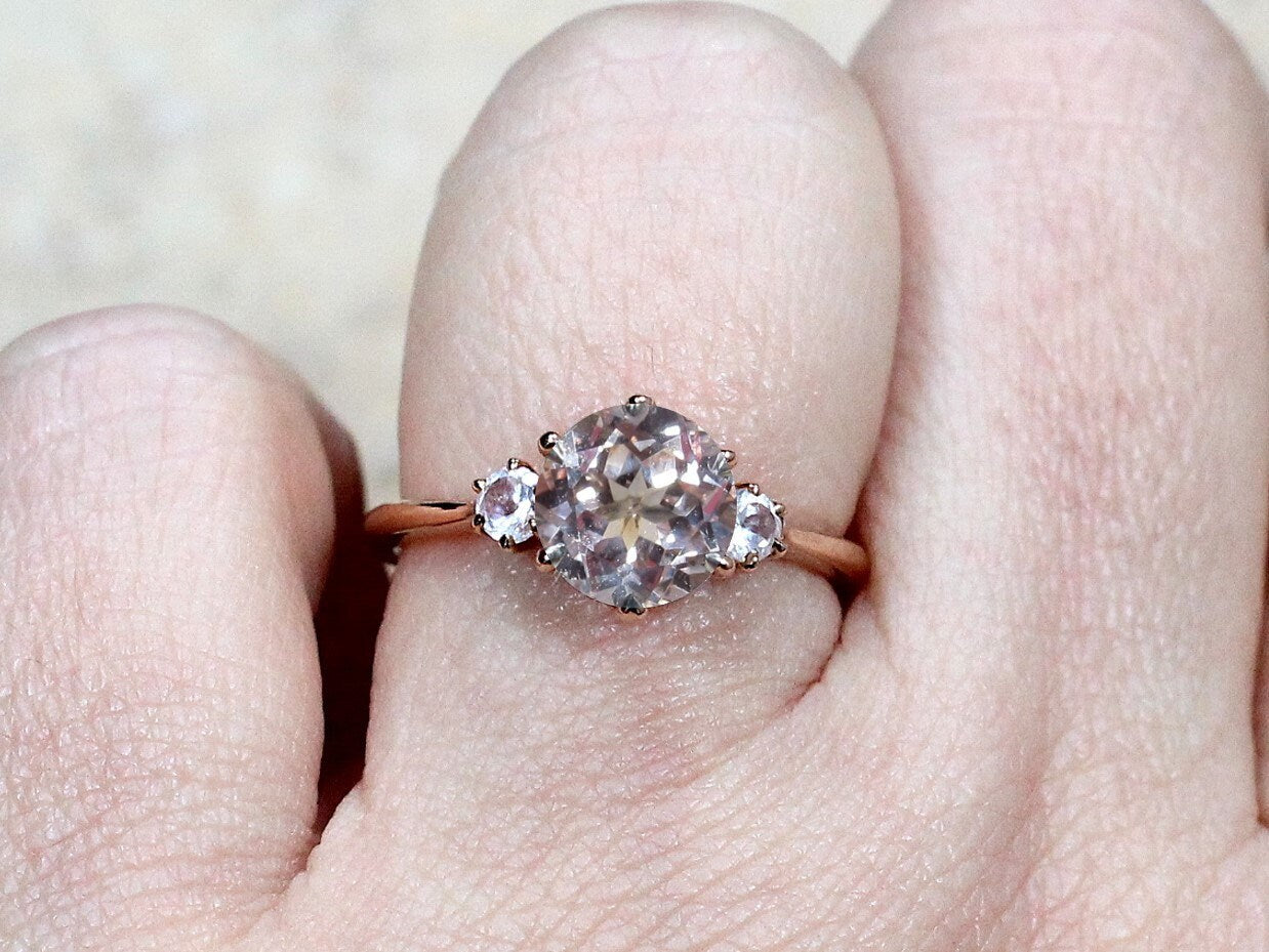 2ct Cupid 8mm Peach and White Sapphire 3 Gem Stone Engagement Ring BellaMoreDesign.com