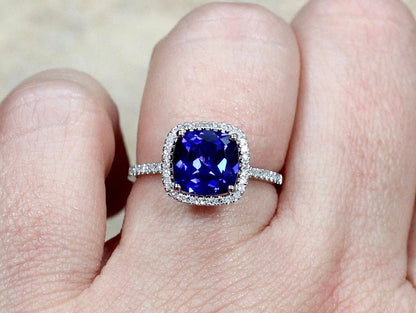 2ct Cuscino 8mm Blue Sapphire & Diamond Cushion Halo Engagement Ring BellaMoreDesign.com