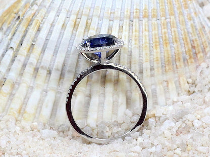 2ct Cuscino 8mm Blue Sapphire & Diamond Cushion Halo Engagement Ring BellaMoreDesign.com