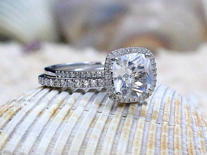 2ct Cuscino 8mm Labradorite & Diamonds Engagement Ring set, Cushion Cut, Diamond Wedding Band BellaMoreDesign.com