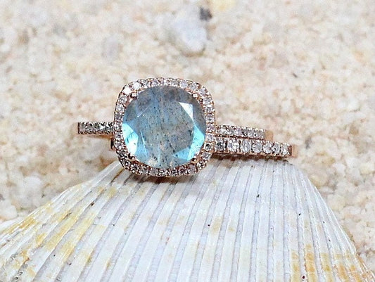 2ct Cuscino 8mm Labradorite & Diamonds Engagement Ring set, Cushion Cut, Diamond Wedding Band BellaMoreDesign.com