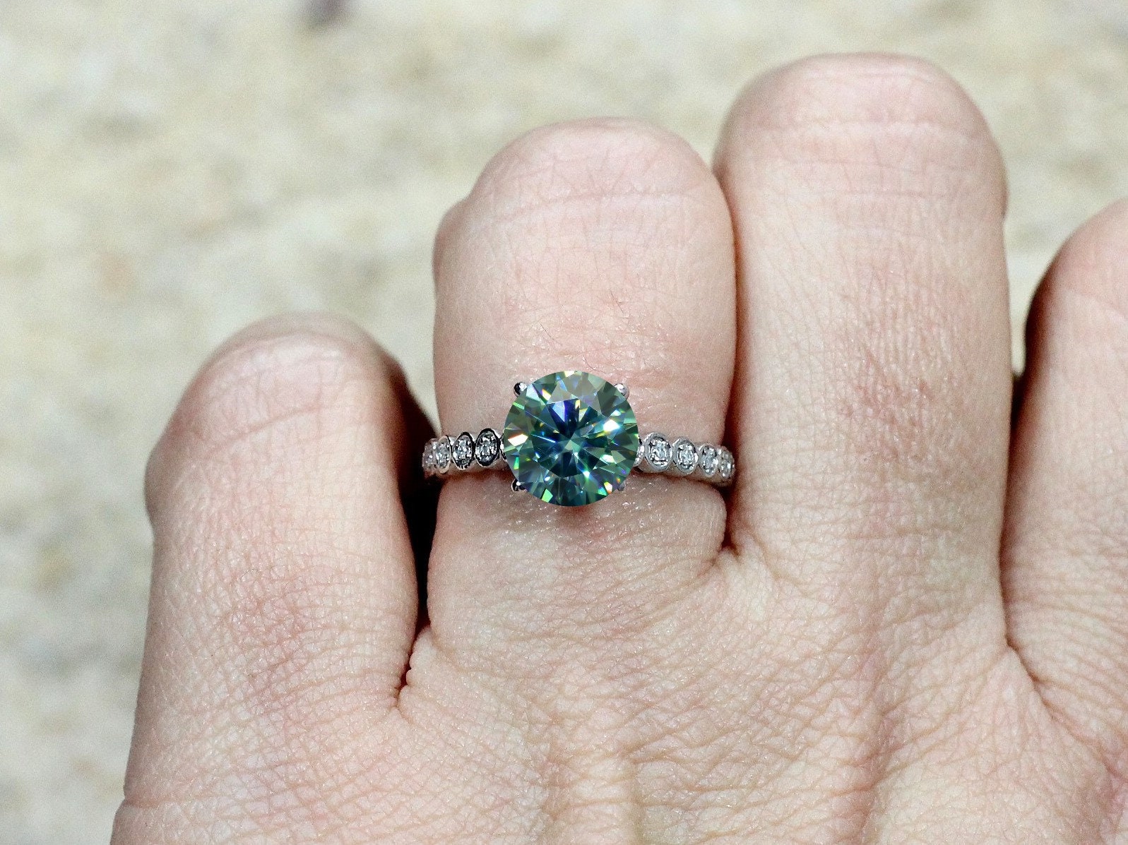 2ct Ferarelle 8mm Blue Moissanite diamond Vintage Milgrain Engagement Ring, Smooth Round Bezel moissanite ring, round moissanite ring BellaMoreDesign.com
