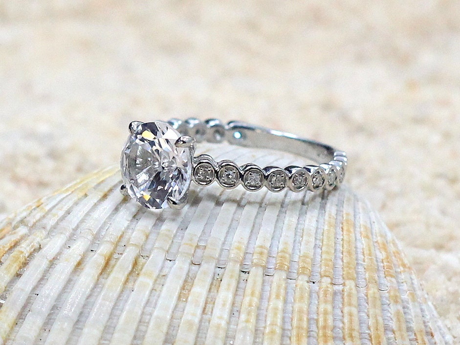 2ct Ferarelle 8mm Blue Moissanite diamond Vintage Milgrain Engagement Ring, Smooth Round Bezel moissanite ring, round moissanite ring BellaMoreDesign.com