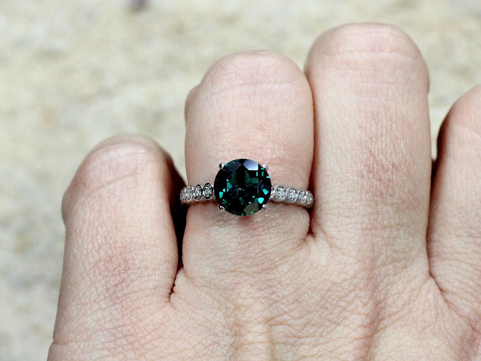 2ct Ferarelle 8mm Emerald Engagement Ring,Vintage Milgrain Band BellaMoreDesign.com
