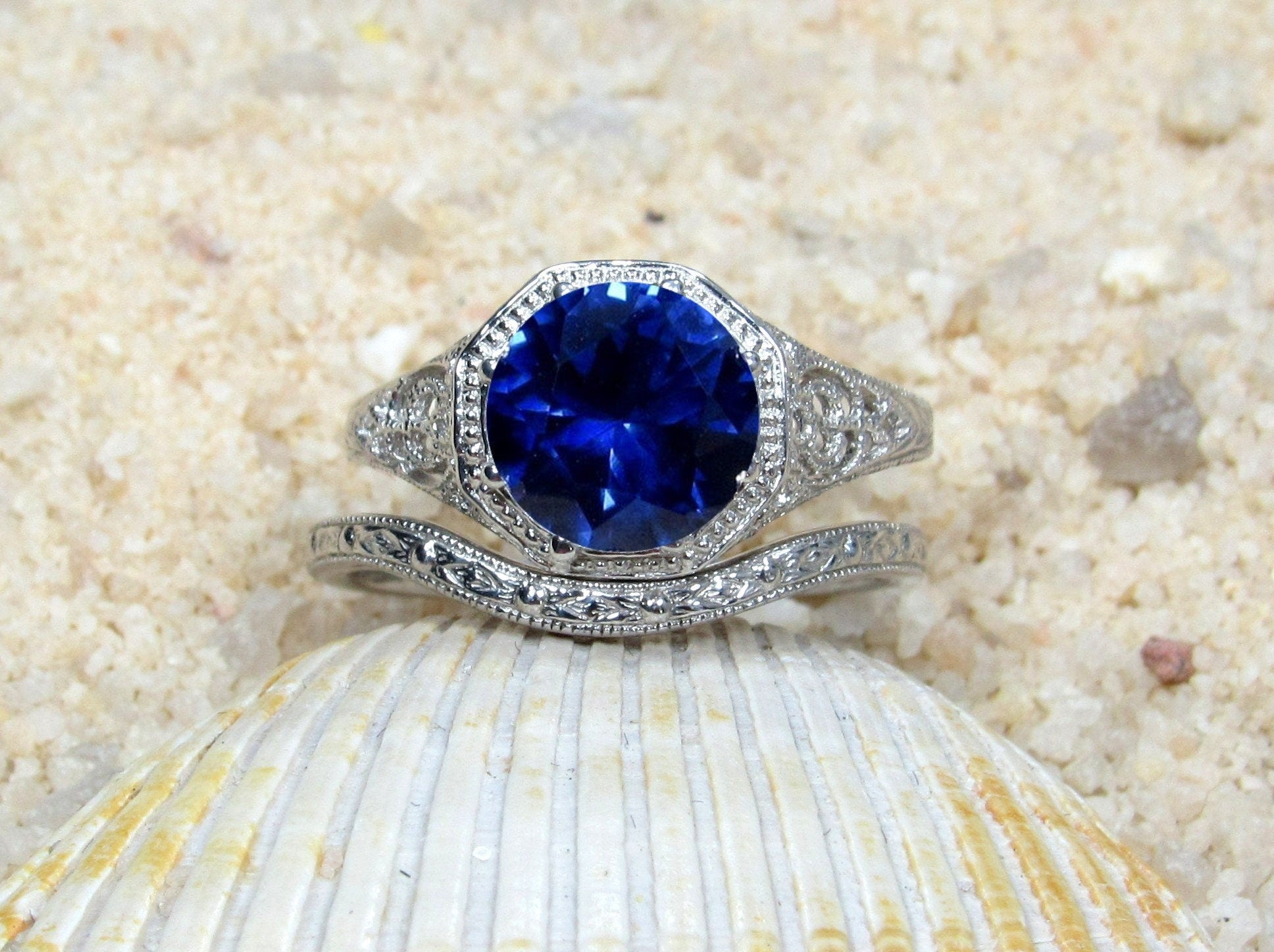 2ct Fides 8mm Blue Sapphire Engagement Ring Set, Vintage, Antique, Filigree, Wedding Band Set BellaMoreDesign.com