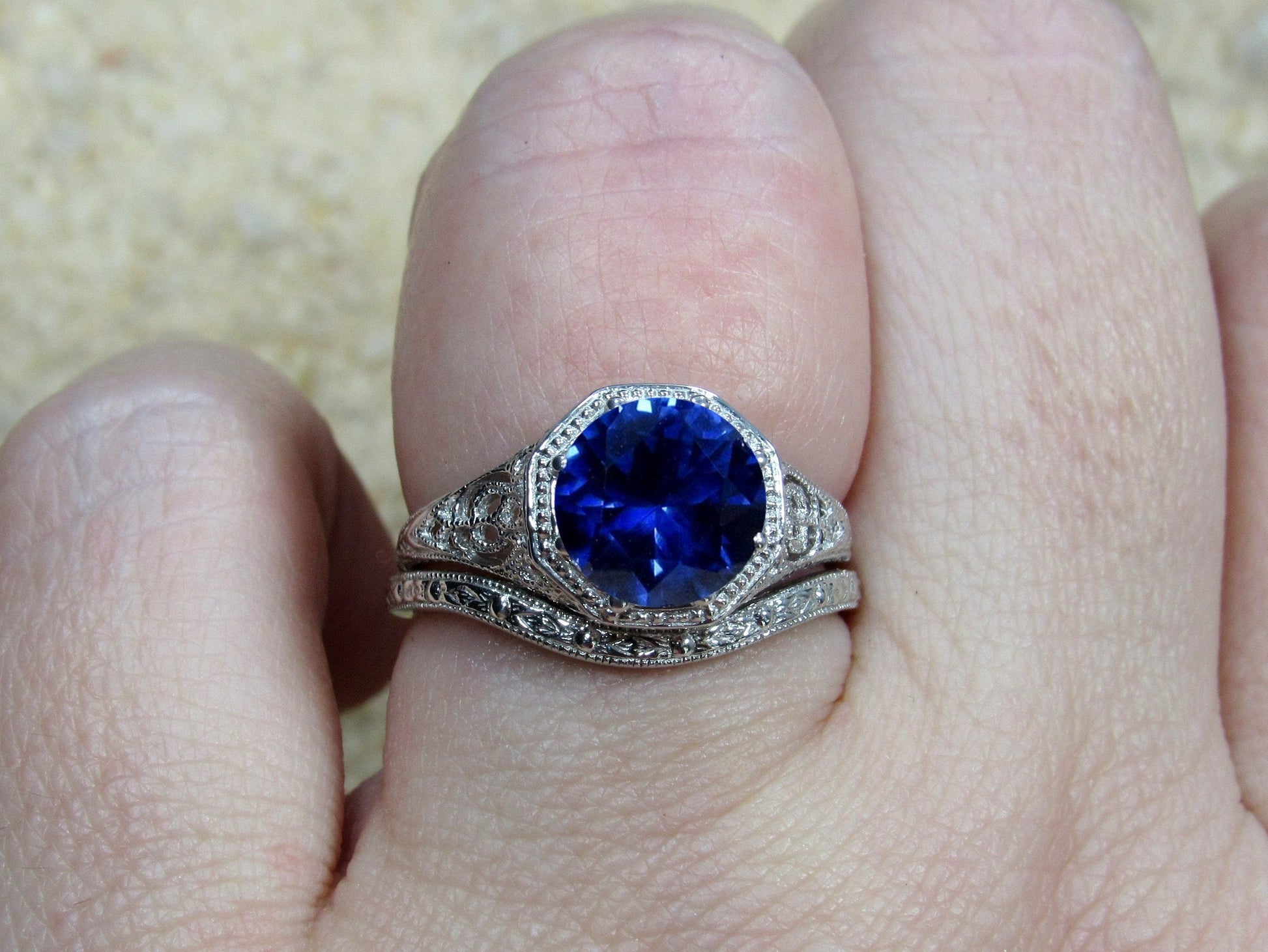 2ct Fides 8mm Blue Sapphire Engagement Ring Set, Vintage, Antique, Filigree, Wedding Band Set BellaMoreDesign.com