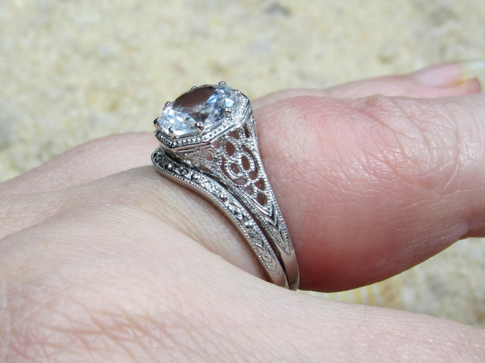 2ct Fides 8mm Labradorite Engagement Ring Set, Vintage, Antique, Filigree, Wedding Band Set BellaMoreDesign.com