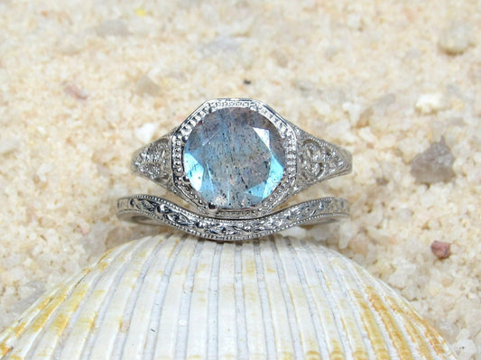 2ct Fides 8mm Labradorite Engagement Ring Set, Vintage, Antique, Filigree, Wedding Band Set BellaMoreDesign.com