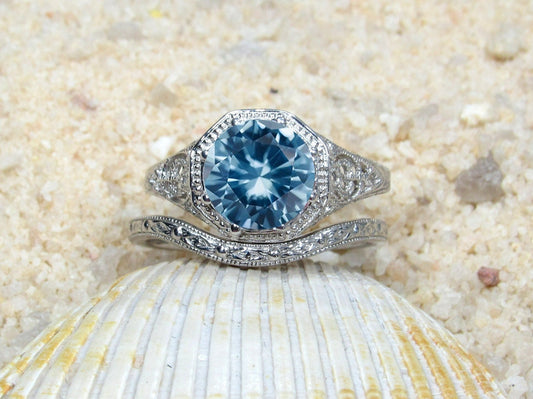 2ct Fides 8mm Light Blue Spinel Engagement Ring Set, Vintage, Antique, Filigree, Wedding Band Set BellaMoreDesign.com