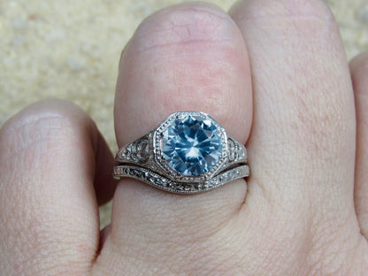2ct Fides 8mm Light Blue Spinel Engagement Ring Set, Vintage, Antique, Filigree, Wedding Band Set BellaMoreDesign.com