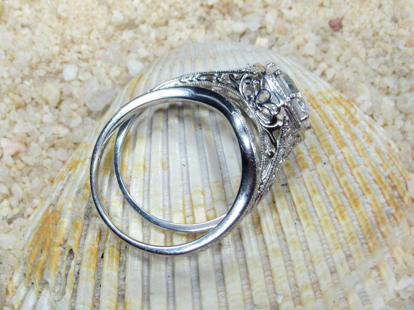 2ct Fides 8mm Moissanite Engagement Ring Set, Vintage, Antique, Filigree, Wedding Band Set BellaMoreDesign.com
