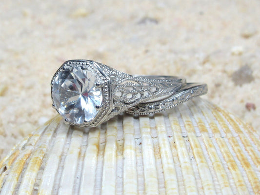 2ct Fides 8mm Moissanite Engagement Ring Set, Vintage, Antique, Filigree, Wedding Band Set BellaMoreDesign.com