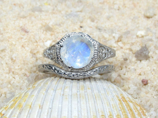 2ct Fides 8mm Moonstone Engagement Ring Set, Vintage, Antique, Filigree, Wedding Band Set BellaMoreDesign.com