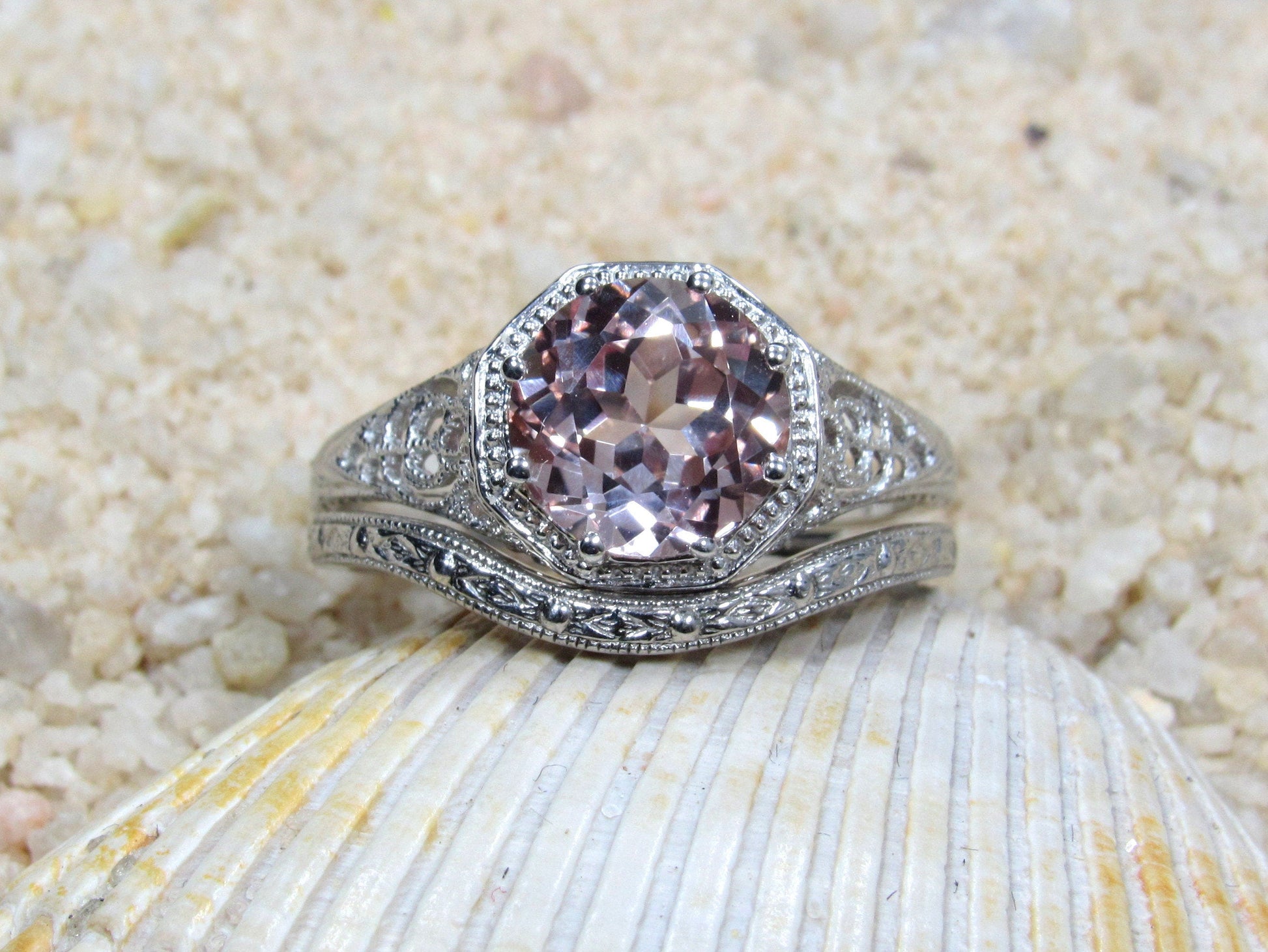 2ct Fides 8mm Peach Sapphire Engagement Ring Set, Vintage, Antique, Filigree, Wedding Band Set BellaMoreDesign.com