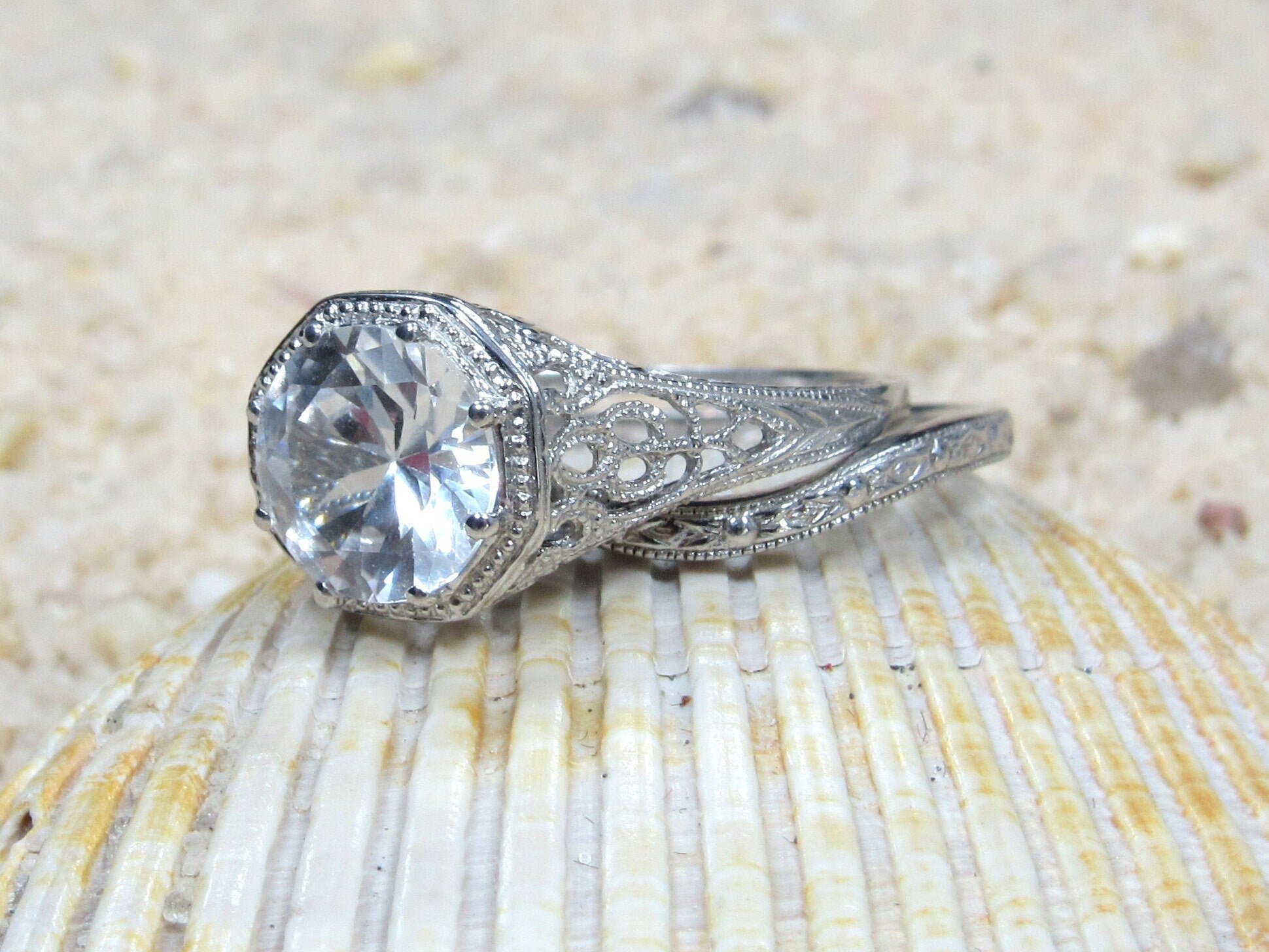 2ct Fides 8mm White Sapphire Engagement Ring Set, Vintage, Antique, Filigree, Wedding Band Set BellaMoreDesign.com
