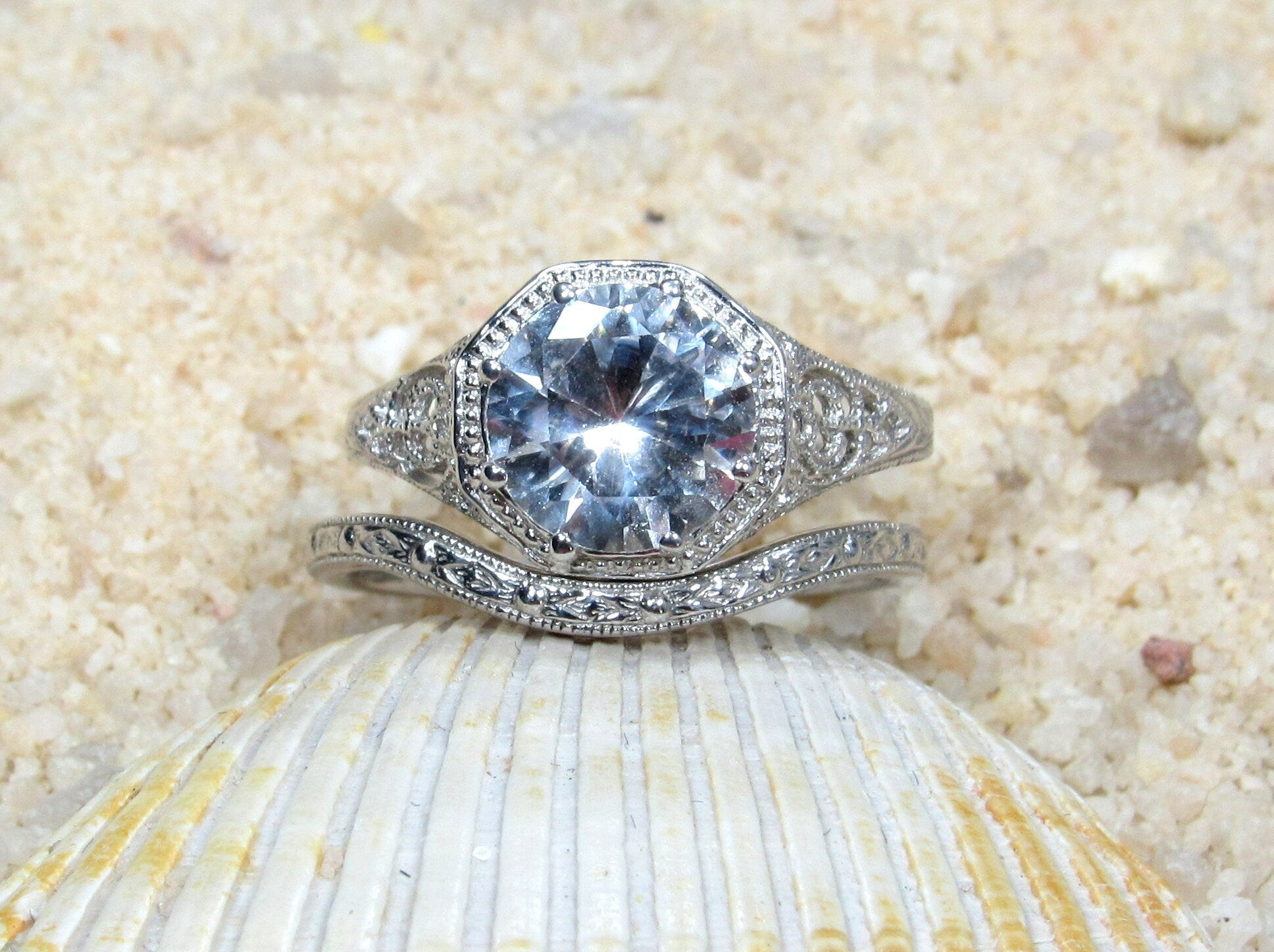 2ct Fides 8mm White Sapphire Engagement Ring Set, Vintage, Antique, Filigree, Wedding Band Set BellaMoreDesign.com