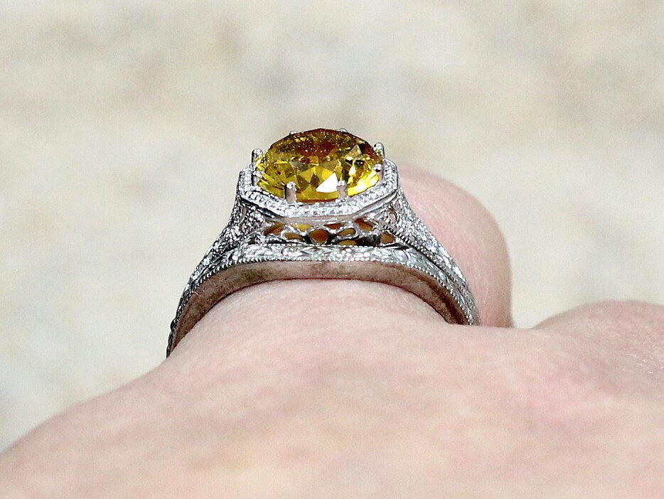 2ct Fides 8mm Yellow Sapphire Engagement Ring Set, Antique, Filigree, Vintage BellaMoreDesign.com