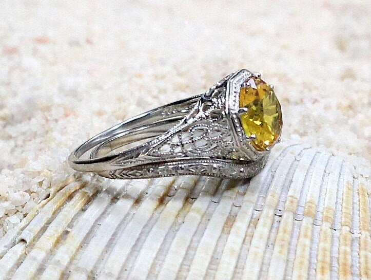2ct Fides 8mm Yellow Sapphire Engagement Ring Set, Antique, Filigree, Vintage BellaMoreDesign.com