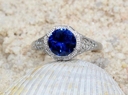 2ct Fides Blue Sapphire Engagement Ring, Antique ,Filigree ,Miligrain BellaMoreDesign.com