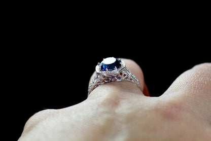2ct Fides Blue Sapphire Engagement Ring, Antique ,Filigree ,Miligrain BellaMoreDesign.com