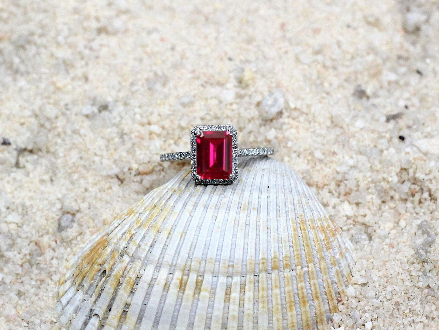 2ct Hemera 6x8mm Ruby Emerald Cut Engagement Ring & Diamond Halo Ring BellaMoreDesign.com