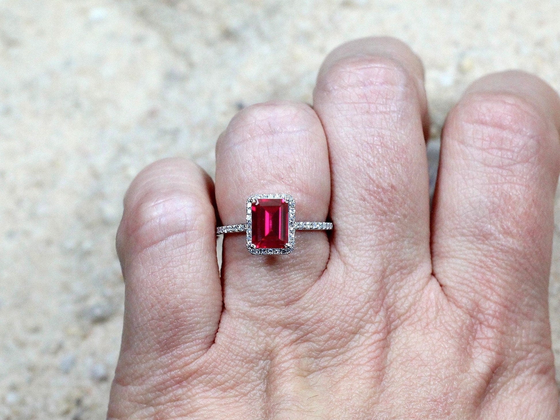2ct Hemera 6x8mm Ruby Emerald Cut Engagement Ring & Diamond Halo Ring BellaMoreDesign.com