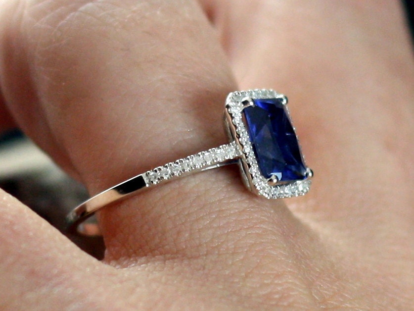 2ct Hemera 8x6mm Blue Sapphire Emerald Cut & Diamond Halo Engagement Ring BellaMoreDesign.com