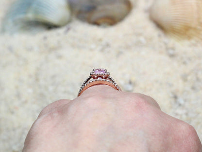 2ct Hemera 8x6mm Pink Sapphire Engagement Ring Set & Diamond Accent Emerald Halo Wedding Band Set BellaMoreDesign.com