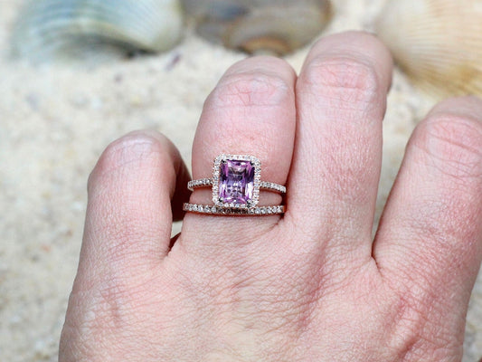 2ct Hemera 8x6mm Pink Sapphire Engagement Ring Set & Diamond Accent Emerald Halo Wedding Band Set BellaMoreDesign.com