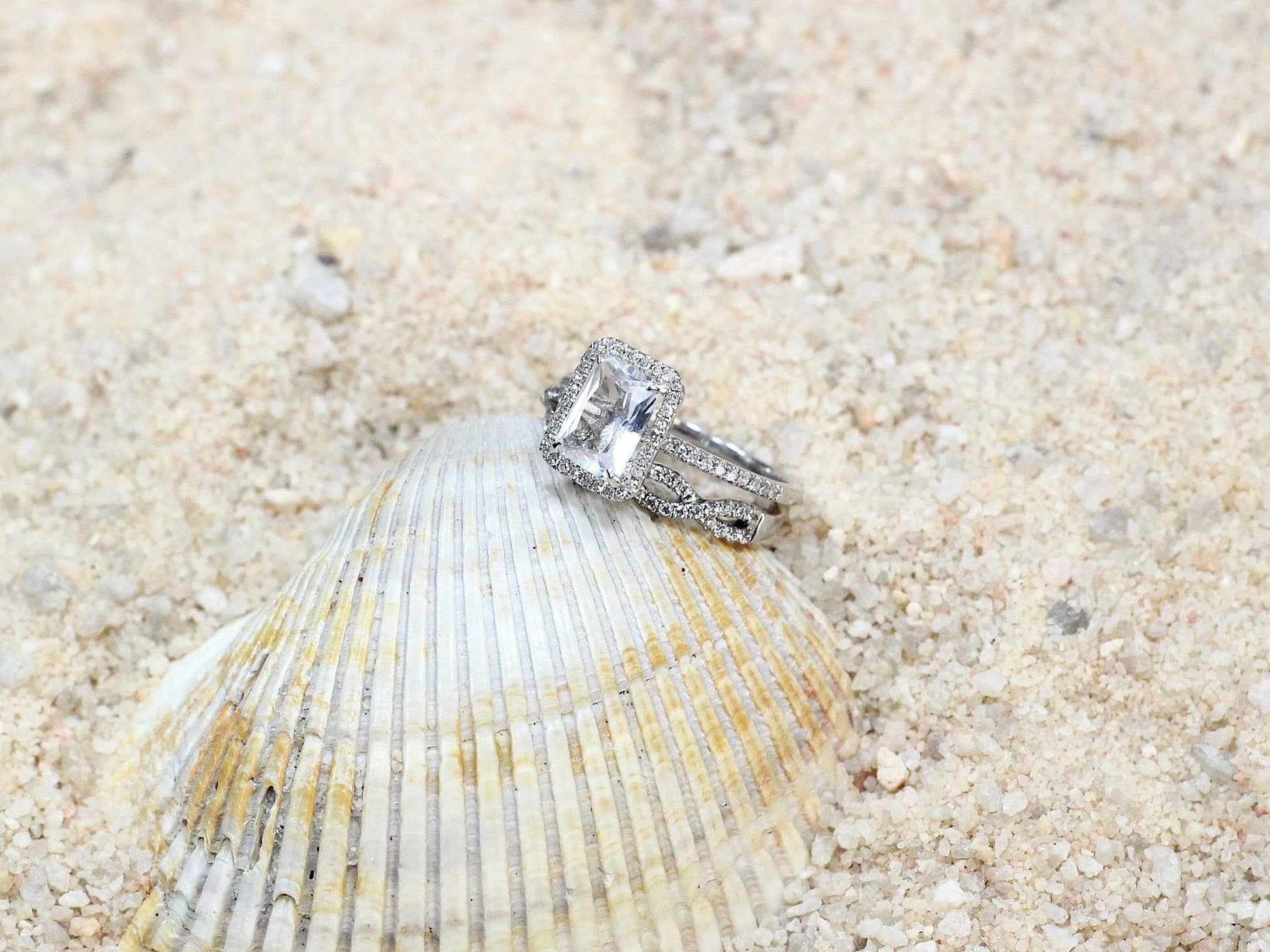 2ct Hemera 8x6mm White Sapphire & Diamonds Emerald Halo Wedding Set Rings,Infinite Love BellaMoreDesign.com
