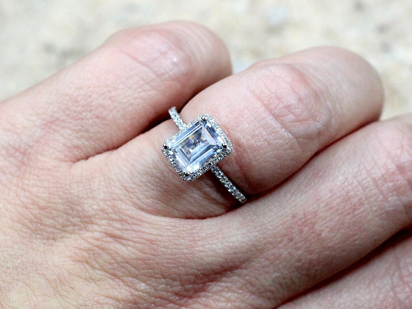 2ct Ione 8x6mm Emerald Cut White Sapphire & Diamonds Accent Halo Engagement Ring BellaMoreDesign.com
