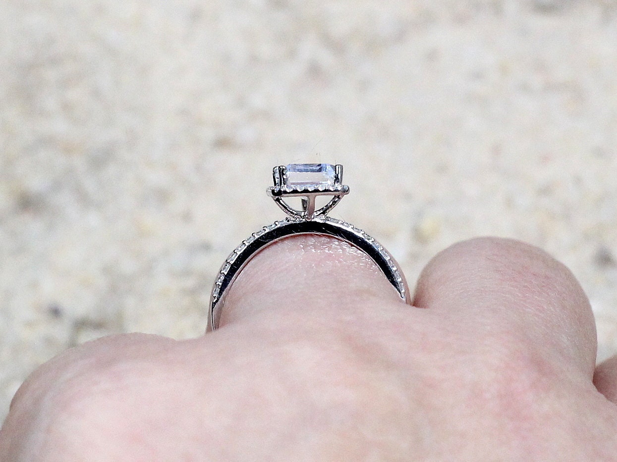 2ct Ione 8x6mm Emerald Cut White Sapphire & Diamonds Accent Halo Engagement Ring BellaMoreDesign.com