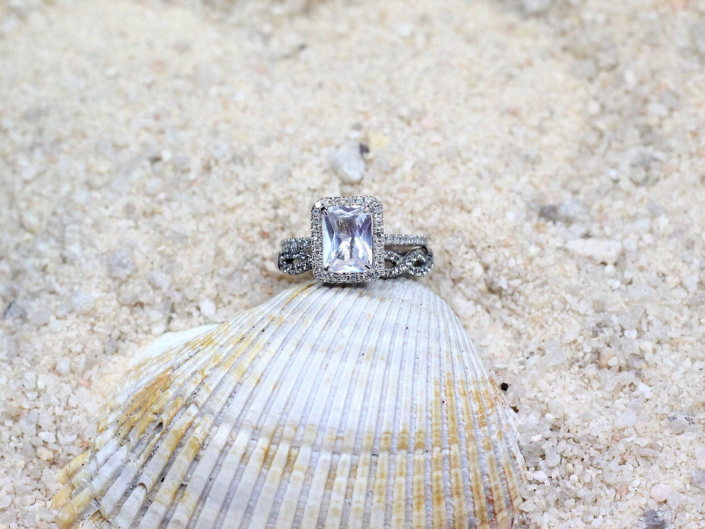 2ct Ione 8x6mm Forever One Moissanite & Diamonds Accent Emerald Halo Wedding Set Rings, Infinite Love BellaMoreDesign.com