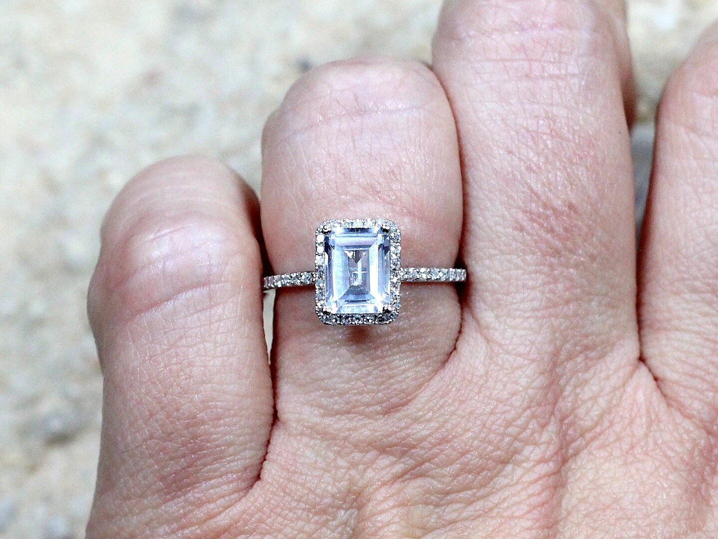 2ct Ione 8x6mm White Topaz & Diamonds Accent Emerald cut Halo Engagement Ring BellaMoreDesign.com