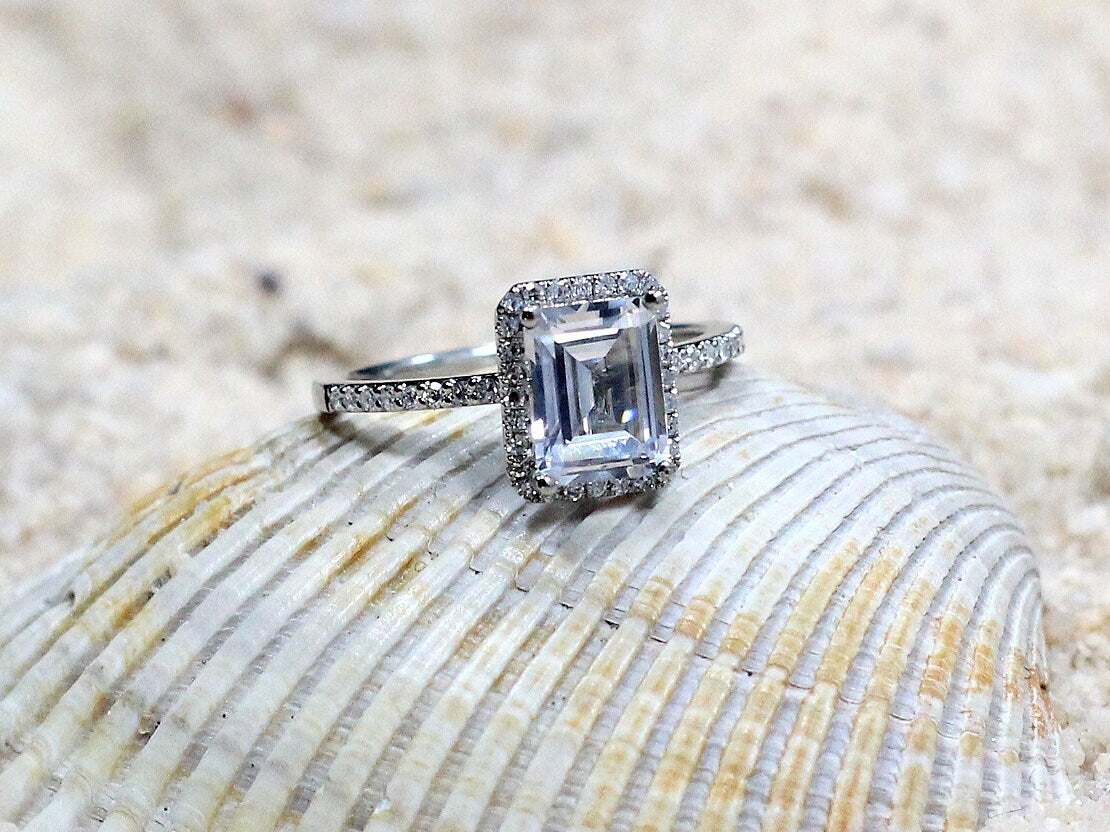 2ct Ione 8x6mm White Topaz & Diamonds Accent Emerald cut Halo Engagement Ring BellaMoreDesign.com