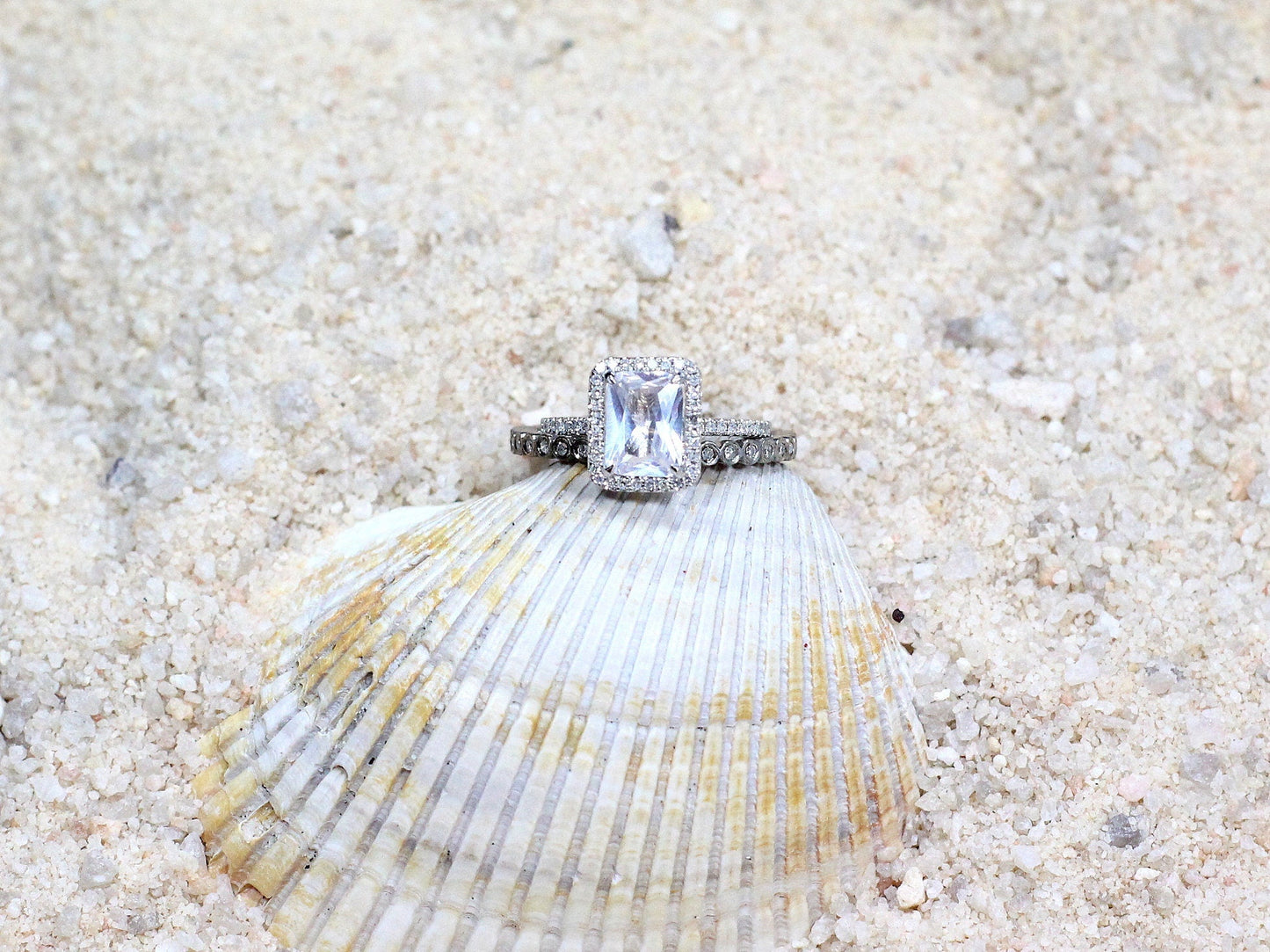 2ct Ione Ferarelle 8x6mm White Sapphire & Diamond Eternity Bezel Wedding Set Rings BellaMoreDesign.com