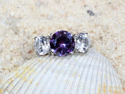 2ct Jubilee 8mm Alexandrite Color Change Sapphire & White Sapphire Engagement Ring 3 Gem Stone 1ct 6mm Side Gems BellaMoreDesign.com